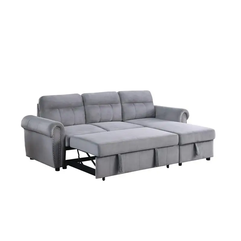 96.5" Gray Velvet Fabric Reversible Sleeper Sectional Sofa Chaise for Living Room, Modern Design, Comfortable and Versatile