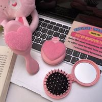 Mini Pink Round Folding Comb with Mirror Compact Love Decor Air Cushion Comb Princess Style Cartoon Handle Comb Women