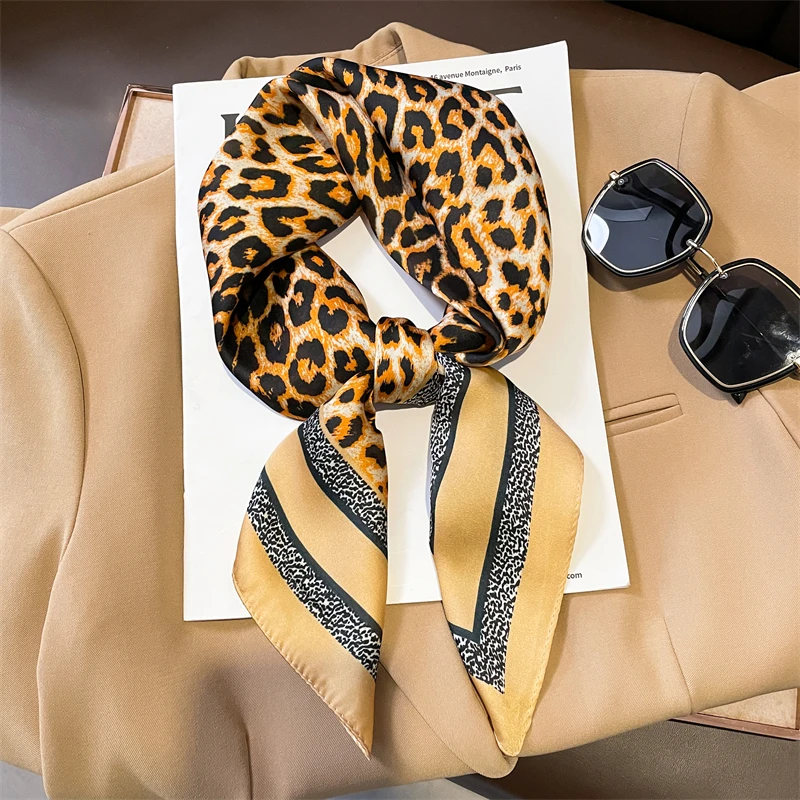 Fashion Women Silk Scarf Ladies Leopard Print Shawl Headband Small Hair Scarves Bandana Female Handkerchief Scarves 70Cm Square