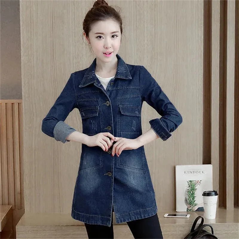 Jeans Jacket Nice Pop Autumn Women Denim Jacket Casual Lapel Denim Coat Buttons Vintage Female Long Cardigan Overcoat S-5XL