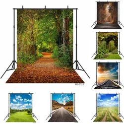 Natural Forest Path Photography Backgrounds Green Leaves Scenic Field Road Train Portrait Vinyl Photo Backdrop for Photographers