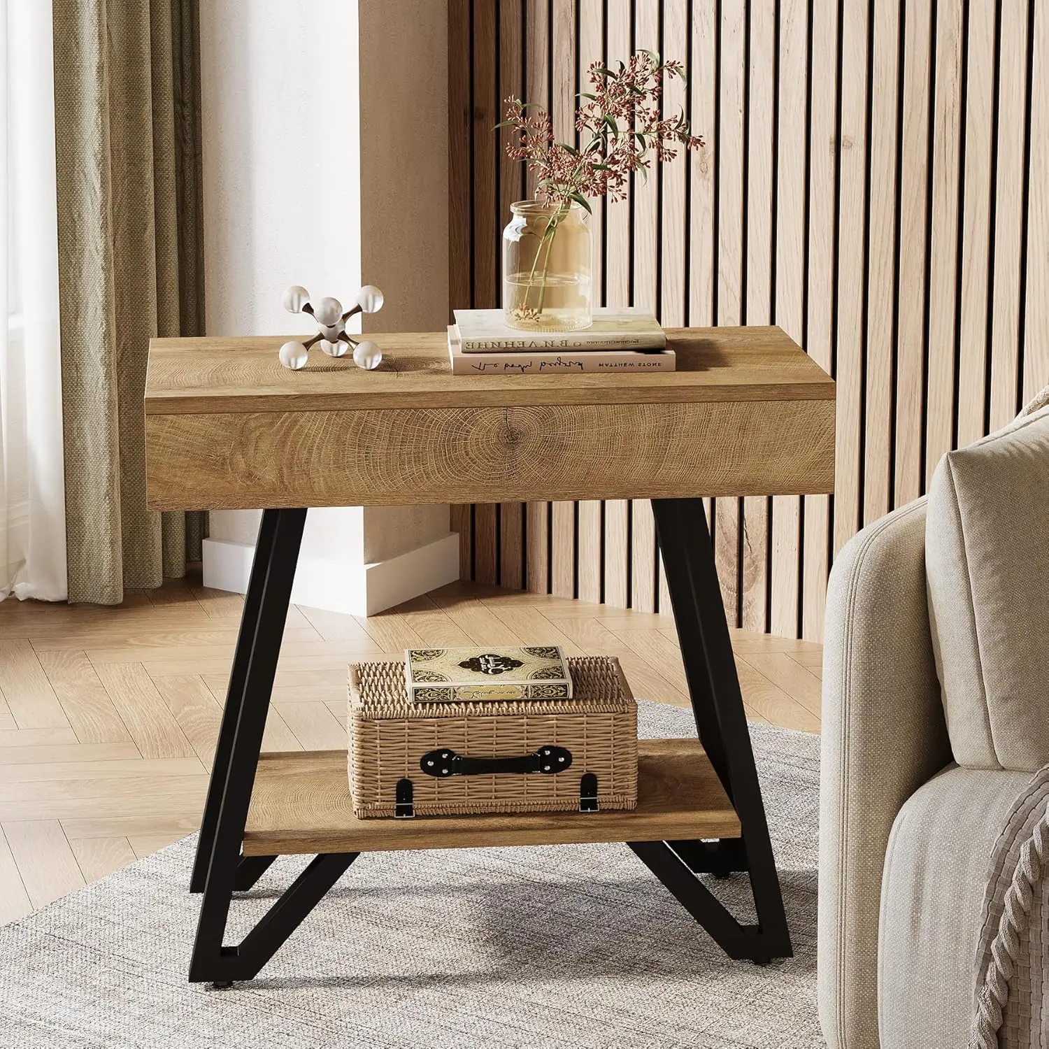

End Side Table for Living Room, Narrow Couch Arm Side Table with Storage Shelves, Small Bedside Nightstand for Bedroom