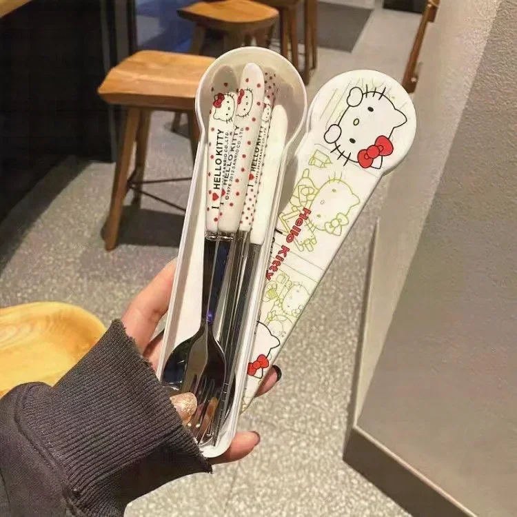 Cartoon Cute Hello Kitty High Appearance Chopsticks Spoon Set stainless steel Student Office Worker Portable Tableware Travel