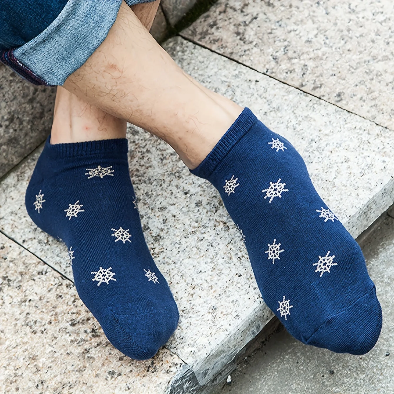 5 Pairs of Mixed-Color Nautical Style Casual Couple Ankle Socks, Low-Cut Men's Socks, Women's Ankle Socks, Navy Blue Nautical Series Cotton Men's Ankle Socks image 2