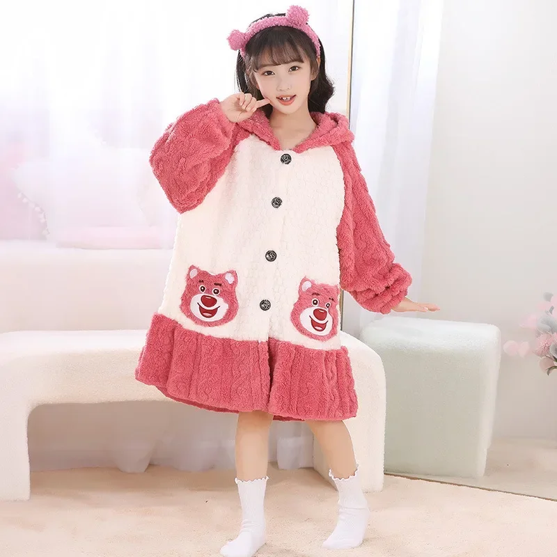 Kawaii Kuromis Children's Nightgown Flannel Girls' Thickened Double-faced Cashmere Fall/winter Hooded Pajamas Sleepwear & Robe