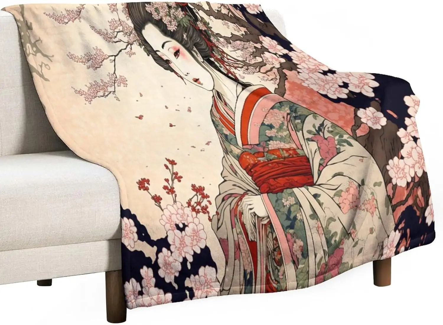 Japanese Bedding Fleece Blanket,Retro Beautiful Flower Japan Geisha Cherry Blossoms Flannel Soft Warm Microplush Lightweight