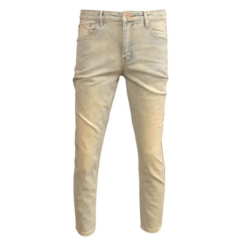 2023 Summer Thin Retro Nostalgic Cropped Jeans Men's Fashion Brand Stretch Slim Fit Skinny Yellow Mud Casual Men's Trousers
