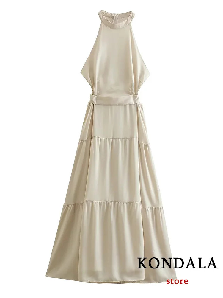 KONDALA Vintage Beige Halter Long Party Dress Women Bow Sashes Side Hole Ruffles Dress Fashion 2022 Elegant Mujer Vestidos