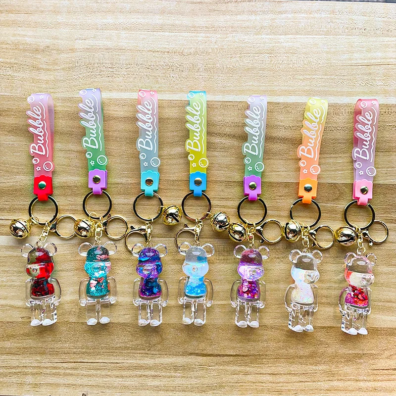 Violent Bear Quicksand Liquid Keyring Floating Color Glitter Keyfob Fashion Doll Pendant Women Couple Bag Key Chains Accessories