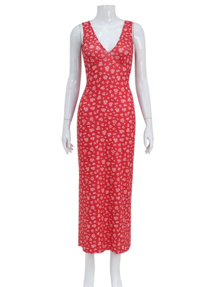 French Retro Party Dresses For Woman V-neck Vestidos Sleeveless Suspender Sexy Floral Printed Dress Backless Bodycon Contrast