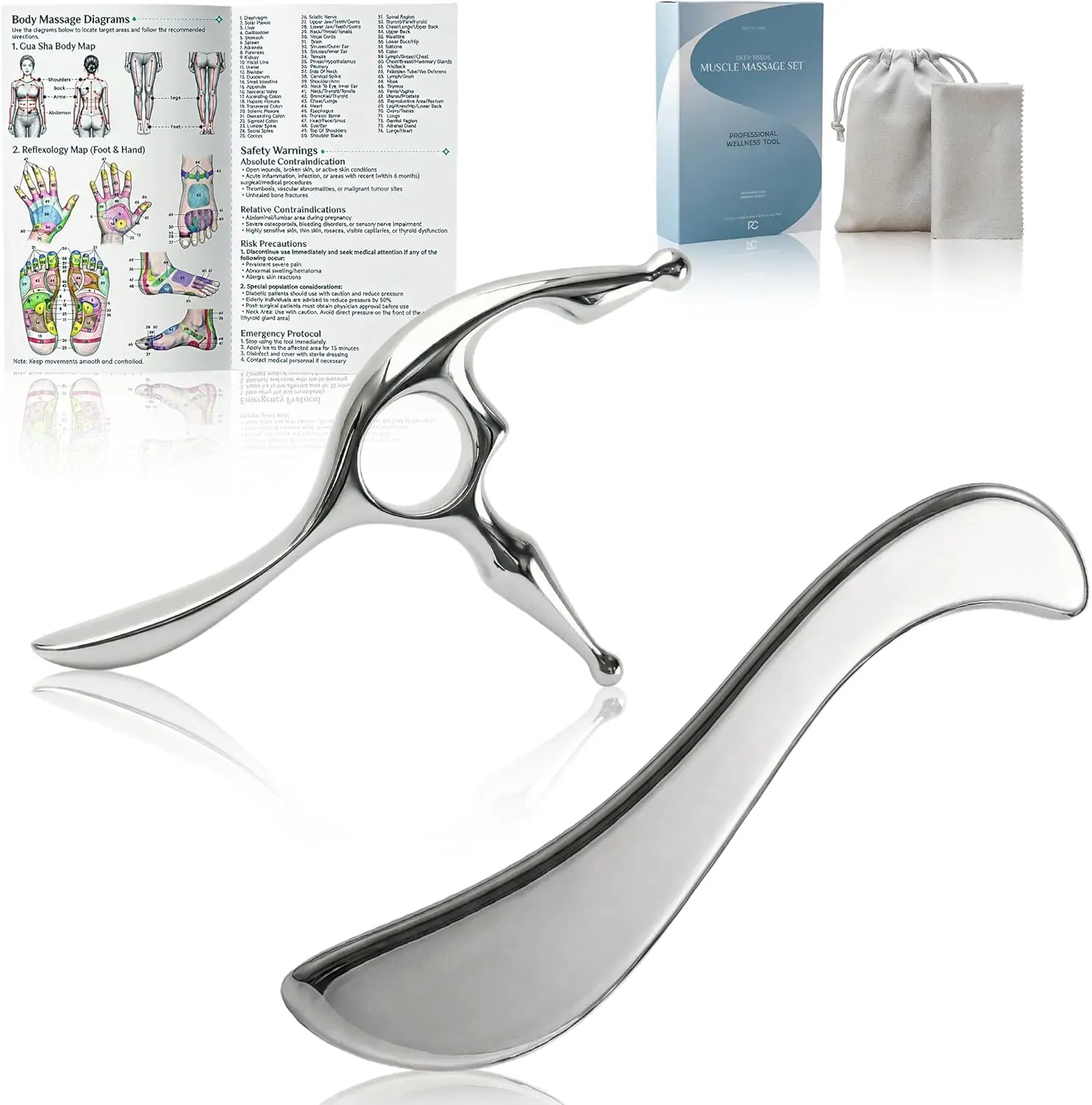 

Набор скребков для мышц и инструментов для точечного массажа из нержавеющей стали для глубокого расслабления тканей и снятия боли, с дорожным чехлом