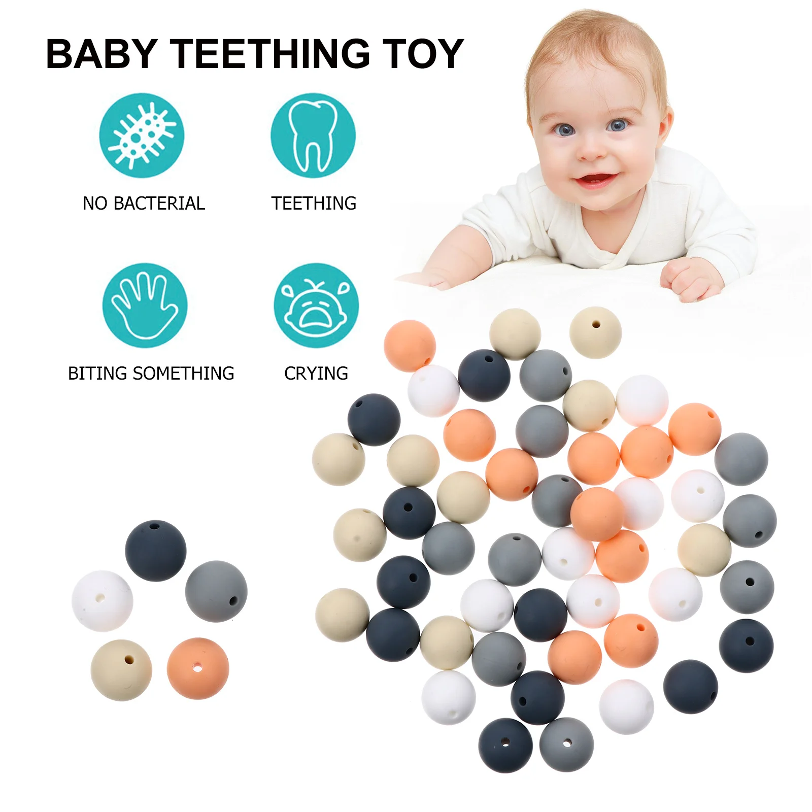 

50Pcs Silicone DIY Teething Beads Baby Pacifier Chain Durable Chewing Bracelet Infant Soother DIY Teething Beads