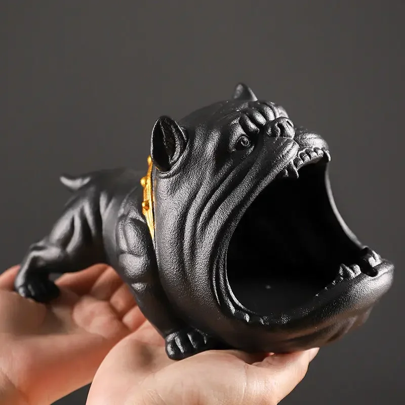 Creative Matte Black Ceramic Ashtray Cartoon Animal Big Mouth Dog Ashtray Windproof Car Desktop Storage Box Birthday Gift Decor