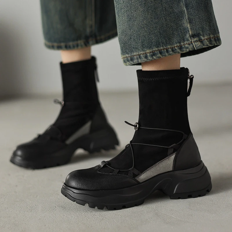 

Women's new autumn and winter leather cowhide round toe and calf high-heeled zipper elastic band thick soled elastic short boots