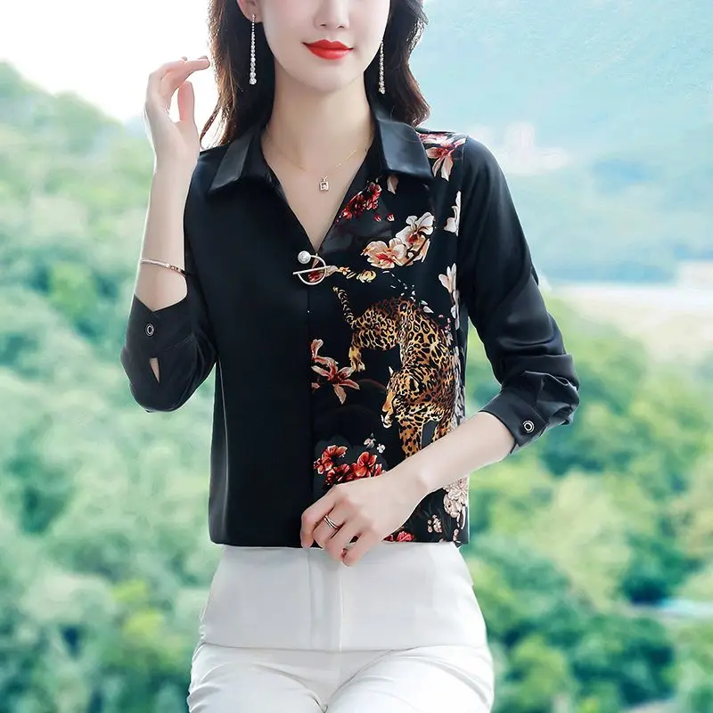 Women\'s Polo Collar Spring and Summer 2024 New Minimalist Commute Contrast Color Printed Long Sleeved Button Pullover Shirt Tops