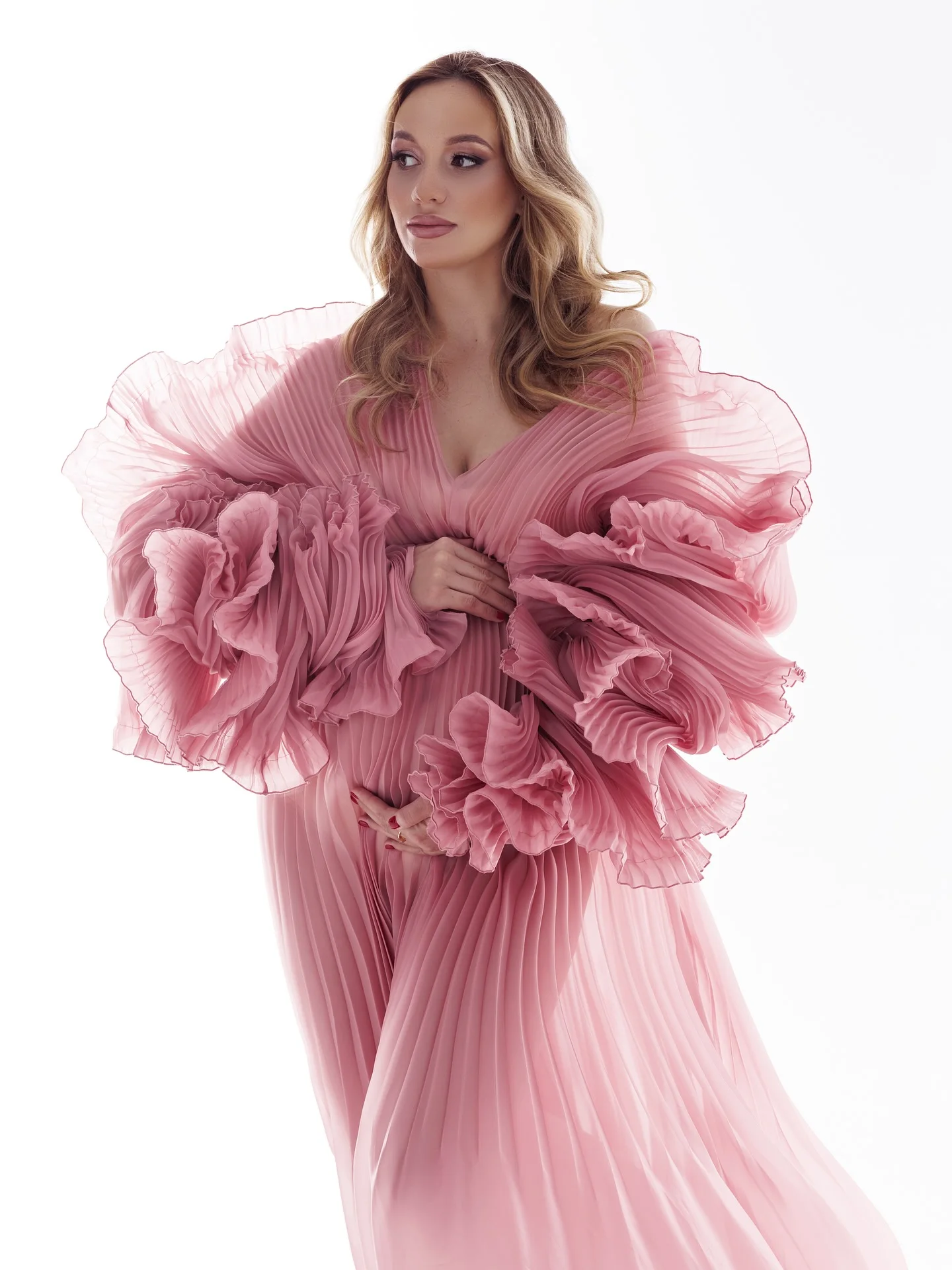 Hot Sale Pleated Organza Maternity Dresses Photoshoot V Neck Puff Sleeves Maternity Dress платье для беременны