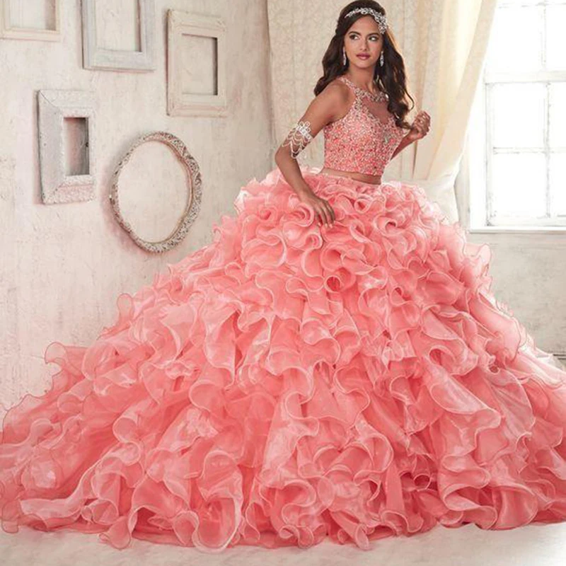 Luxo frisado duas peças coral quinceanera vestidos organza camadas saias babados jewel neck feito sob encomenda doce 16 vestidos de festa