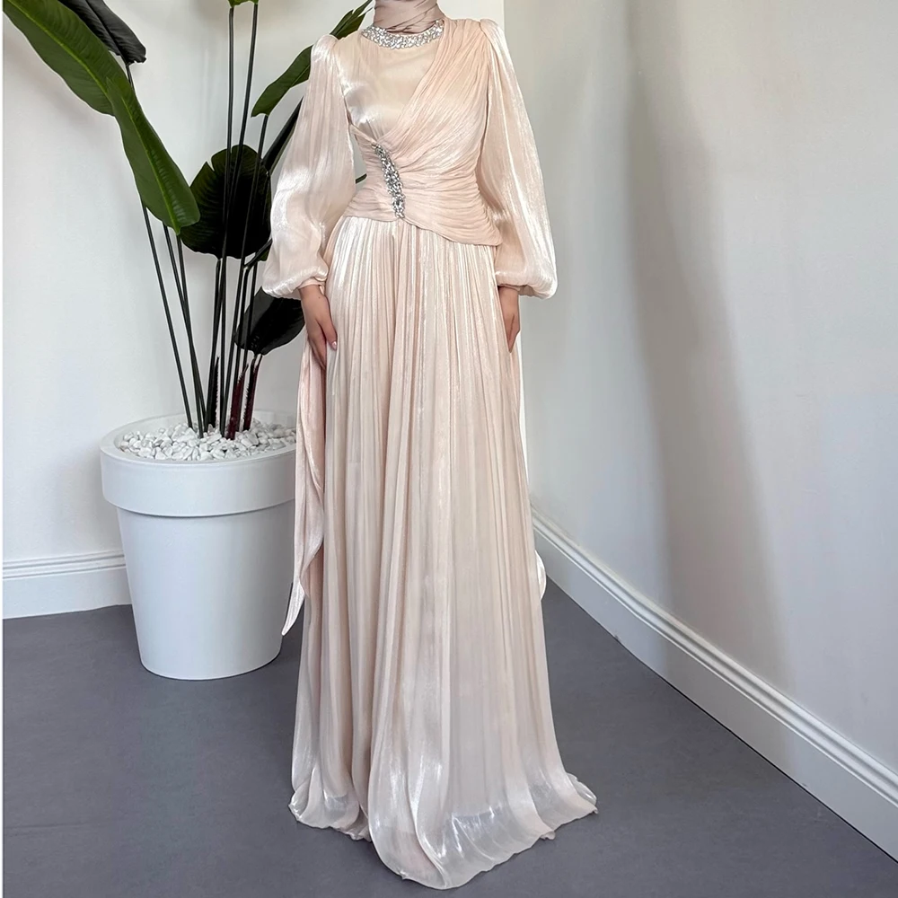 

Вечерние платья трапециевидной формы по индивидуальному заказу, длиной до пола, с круглым вырезом и длинными рукавами, платье для выпускного вечера, модное платье со складками и кристаллами, простое драпированное вечернее платье