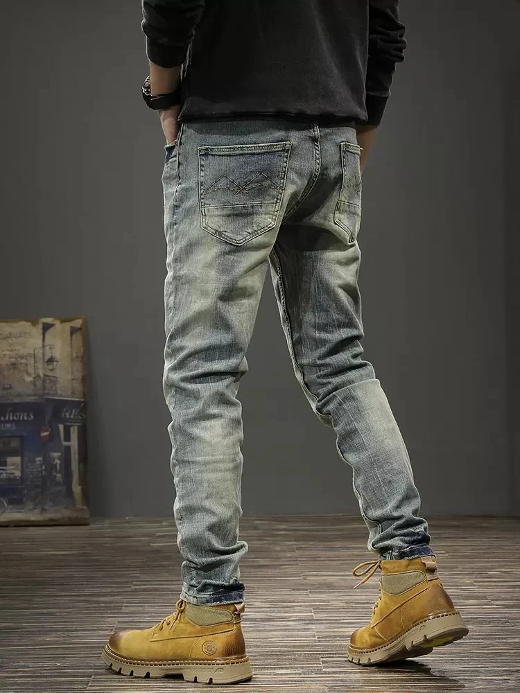 Italian Style Fashion Men Jeans Retro Stretch Slim Fit Ripped Jeans Men Elastic Trousers Vintage Designer Denim Pants Hombre