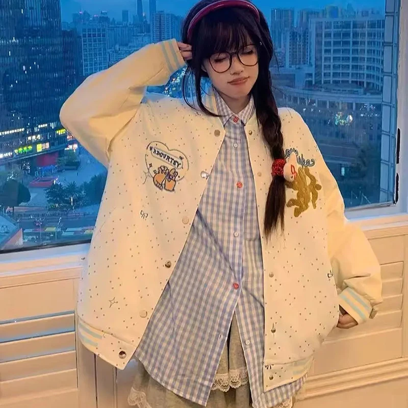 Embroidered Wings White Baseball Jacket Women Loose Lazy Casual Sweet Coat Long Sleeve Fall Winter Polka Dot Korean Outwear