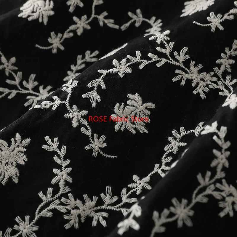 Vintage Floral Embroidery black Cotton Fabric for skirt, tops, tabletop, pillowcase, headbands