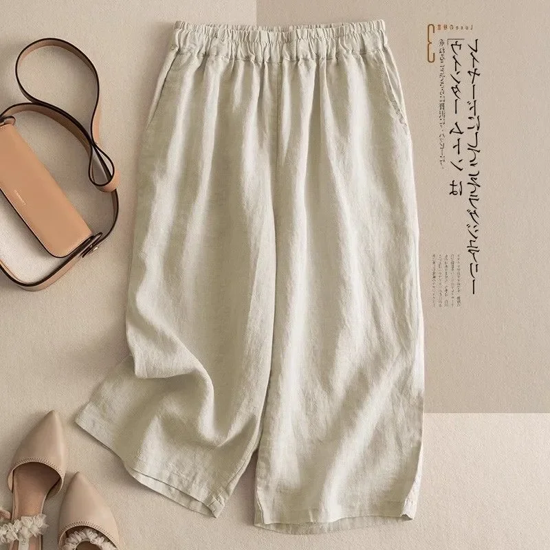 Women's Linen Wide Leg Cropped Pants, Elastic Waist Casual Capri Trousers, Loose Comfy Summer Pants