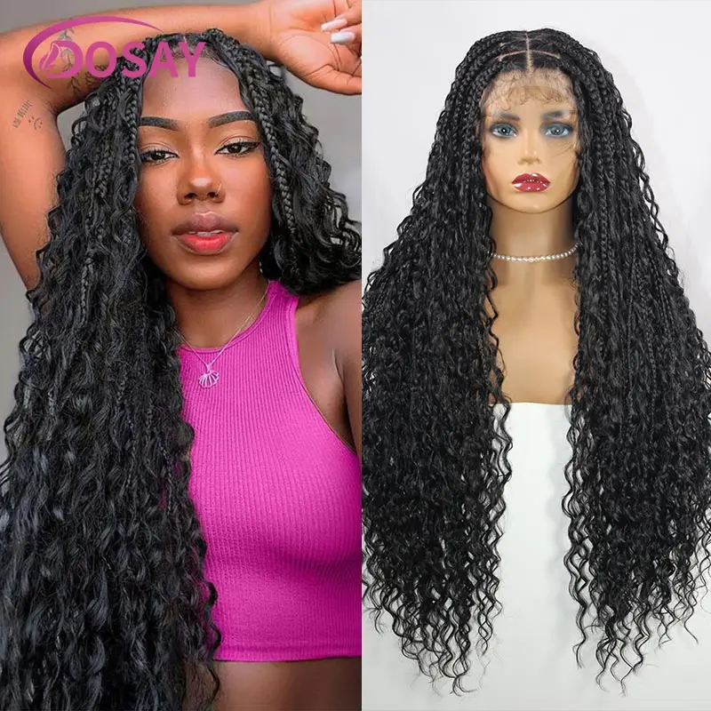 Synthetic Long 32 Inches Braided Wigs Blonde Curly Goddess Cornrows Wigs Full Lace Front Wigs Knotless Braided Wig For Women