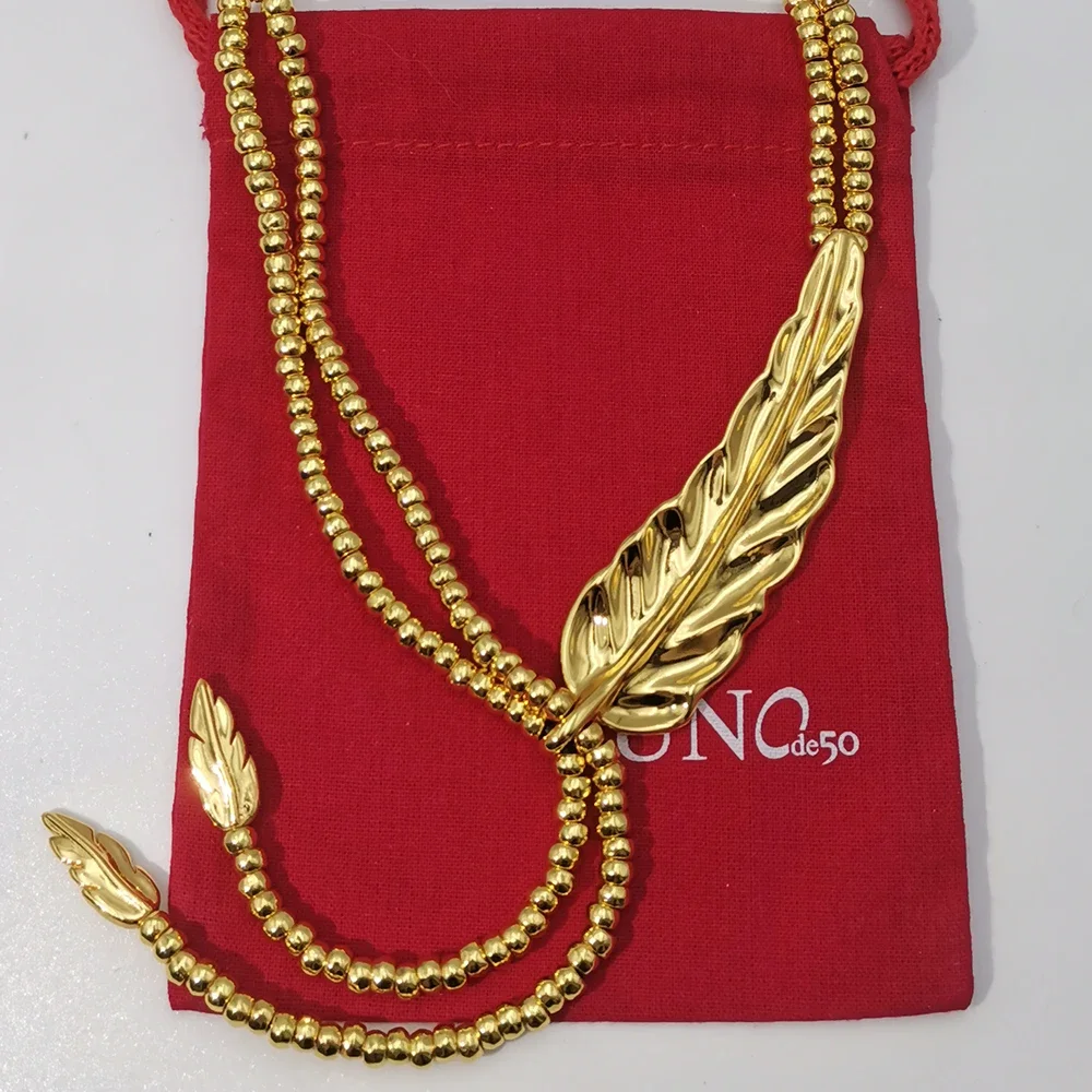 2024 Spain new gorgeous mature elegant gold feather Y-shaped chain women's accessories jewelry gift bag