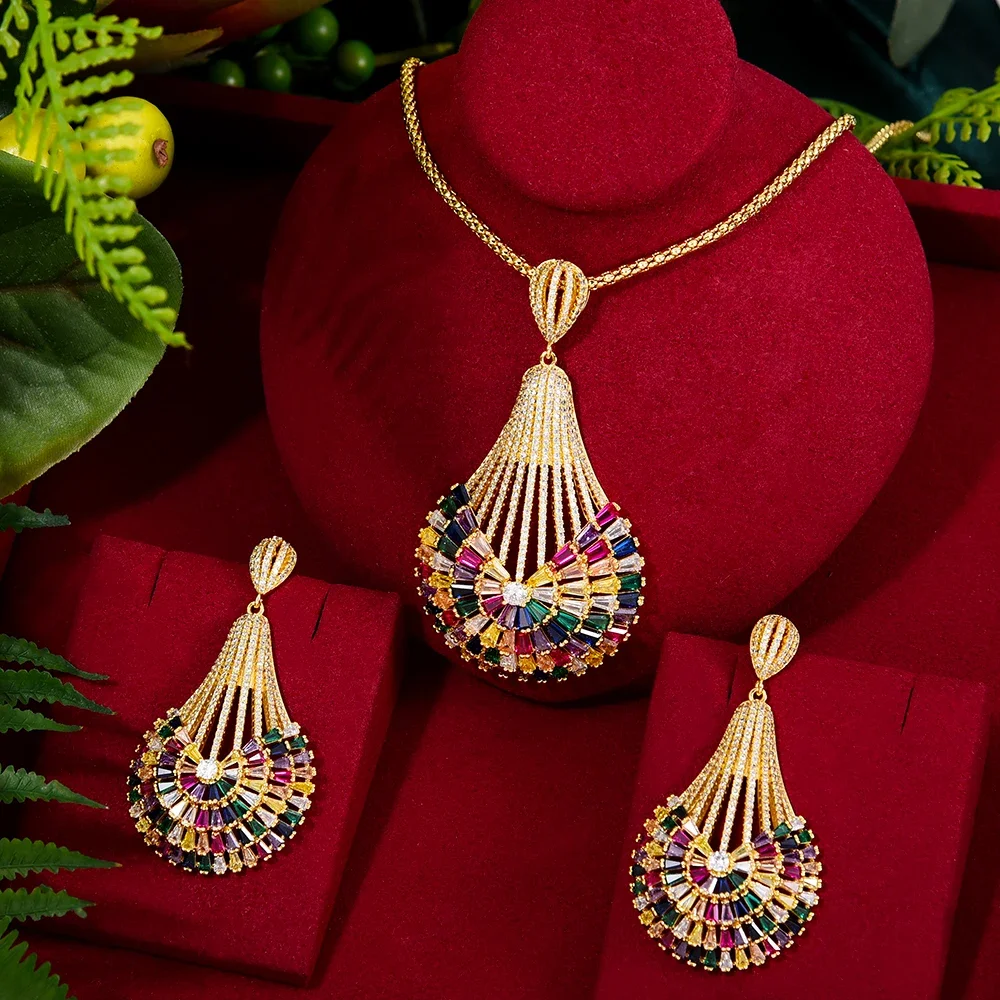 

Missvikki New Design Luxury Dubai 2PCS Big Shiny Round Pendant Earring Necklace Jewelry Set Super CZ Bridal Wedding Accessories