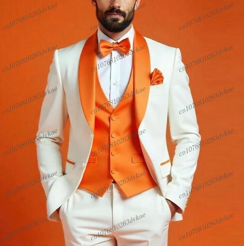 

Новый белый и оранжевый мужской костюм для свадебной вечеринки, формальный жених, жених, выпускного вечера, деловые мужские смокинги, комплект из 3 предметов, куртка, жилет, брюки