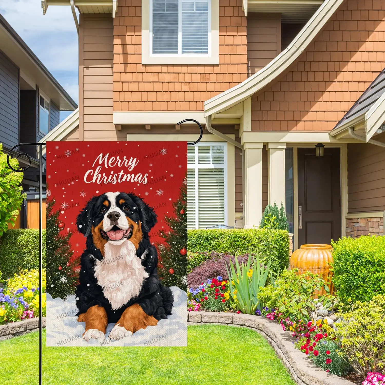 Merry Christmas Bernese Mountain Dog Garden Flag 12x18 Double Sided Linen Winter Garden Flag for Outside KZA