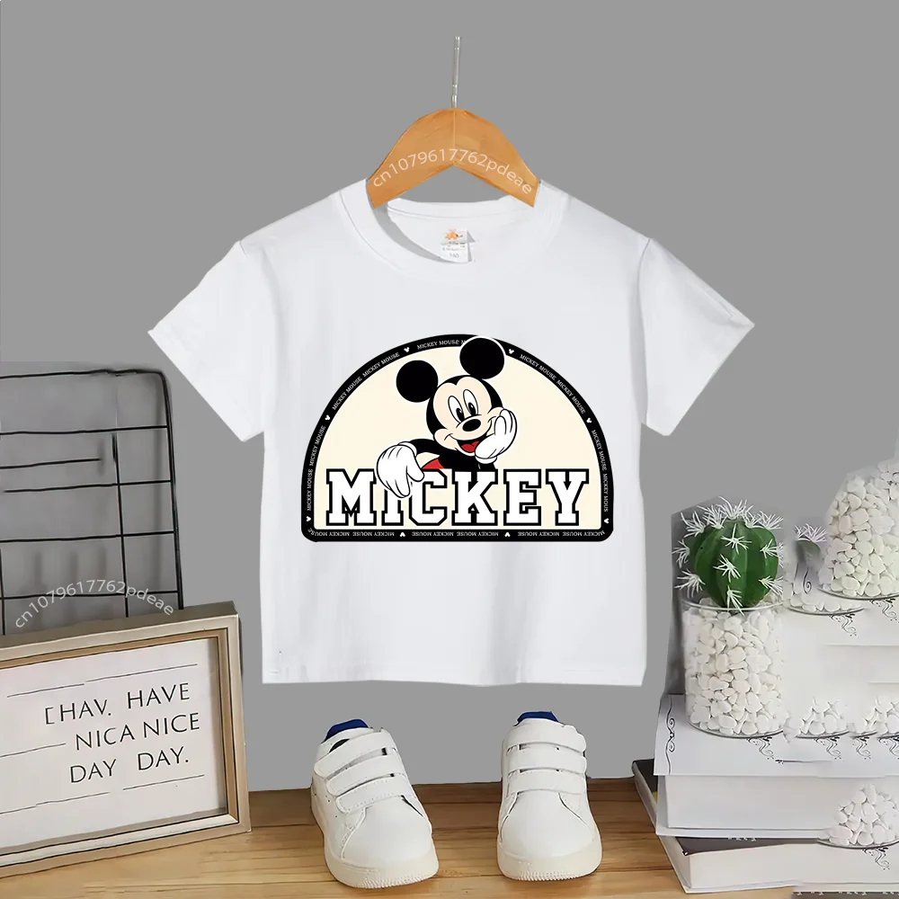 Disney Teen Summer 100% Cotton T-shirt Playful Mickey Graphic Kids Crewneck T-shirt Boys Girls Casual Harajuku top