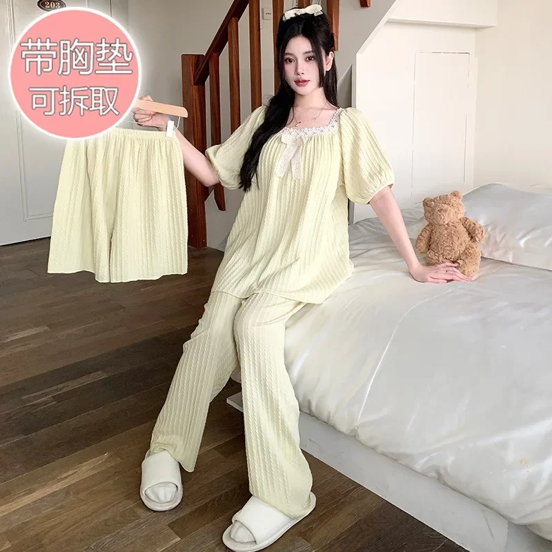 5XL Plus Size 3pc Set Women Cotton Pajamas Set with Chest Pad Short Sleeves Tops Shorts and Trousers Korean Sweet Homewear 120kg