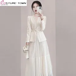 Korean Style Lace Up Jacket Blazer Ruffled Ruffle Skirt Two Piece Elegant Women's Dress Set Office Outfits