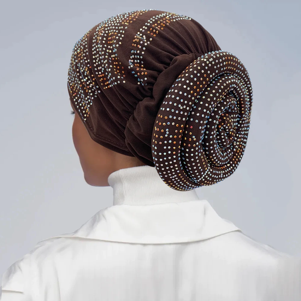 Stylish Glitter Diamonds Turban Cap with Padded Design Elastic Soild Color Wrap Head Bonnet African Headtie turbante mujer