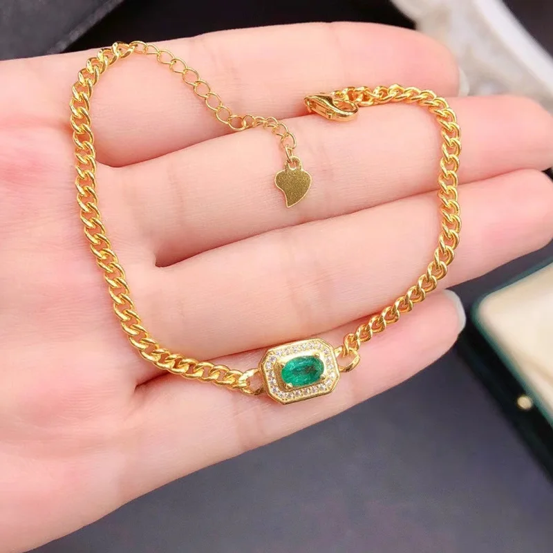 

Fashion Silver Chain Bracelet for Woman 4*6mm 0.5ct Natural Emerald Bracelet Solid 925 Silver Emerald Jewelry with Gold Plating