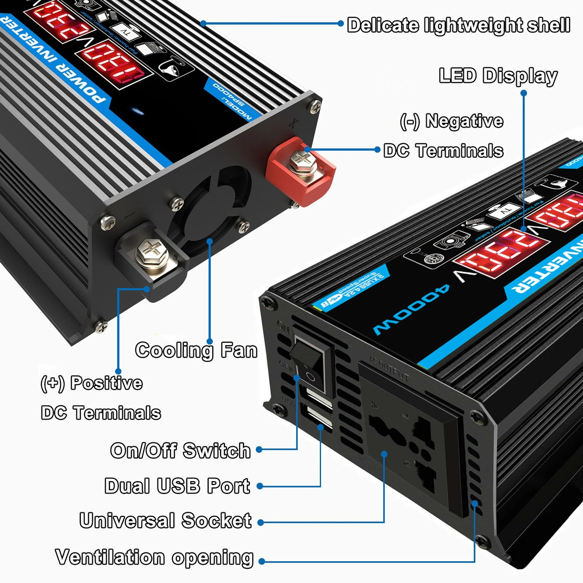 300W Pure Sine Wave Power Inverter – DC 12V to 220V/110V Car Converter with Dual USB & Display, Portable for Home/RV/Solar view 2