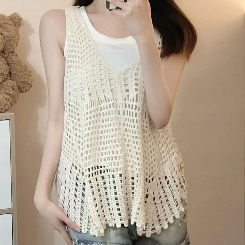 Sling Women's Summer Hot Girl Design Sense Crochet Hollow Knitted Vest Overlay Sleeveless Overlay Blouse Top