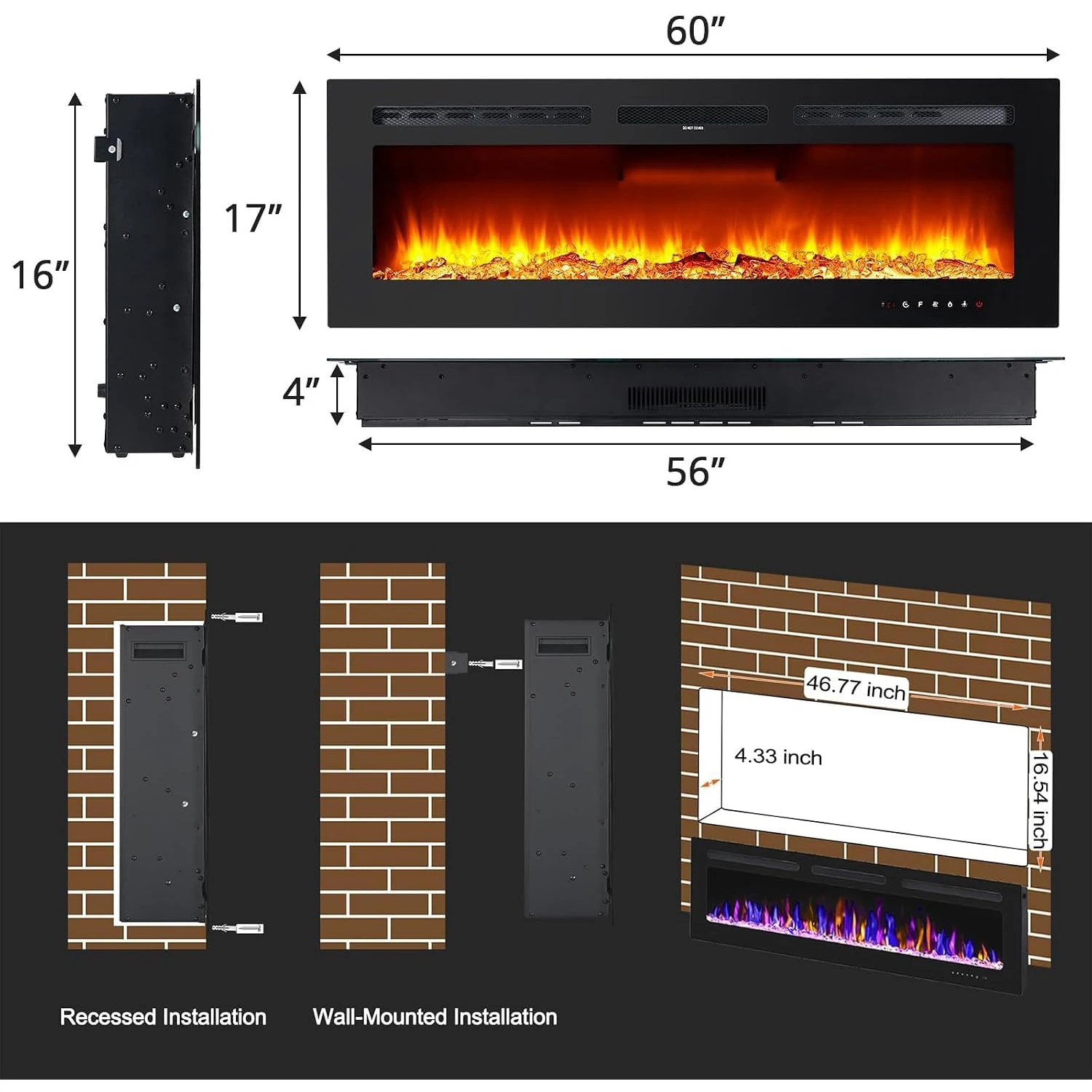 60 Inch Electric Fireplace Wall Mounted or Recessed Insert 750W 1500W Heater with Remote Touch Controls 12 Flame Colors Adjustable Thermostat and Timer Black Tempered Glass for Living Room Bedroom