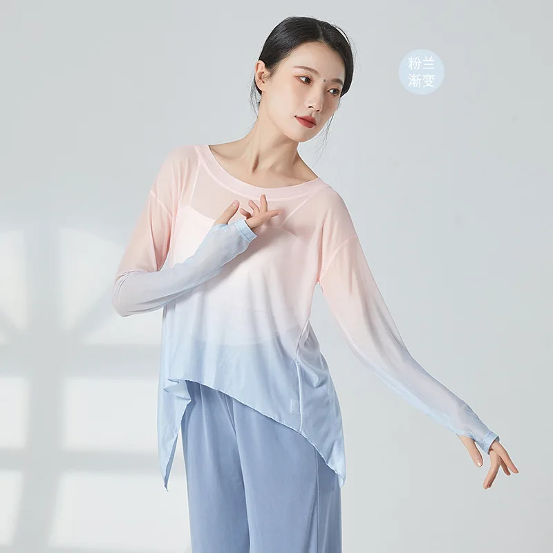 

Прозрачная струящаяся блузка из сетчатой ткани с градиентным эффектом, в стиле фолк-данс, с длинным рукавом, 2 цвета, базовая модель, с отверстиями для больших пальцев