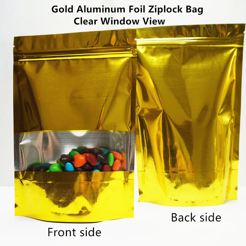 

100pcs Gold Stand Aluminum Foil Zip Lock Bags with Clear Window - Metallic Aluminized Food Grade Package Pouch Zipper Grip Seal