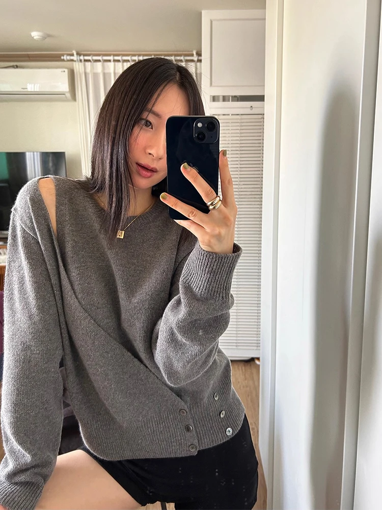 

Chic Autumn Korean Sle Long Sve Knitted Sweater Women's Loose Fit Patchwork Design Sense Fake Two-Piece Ele Top