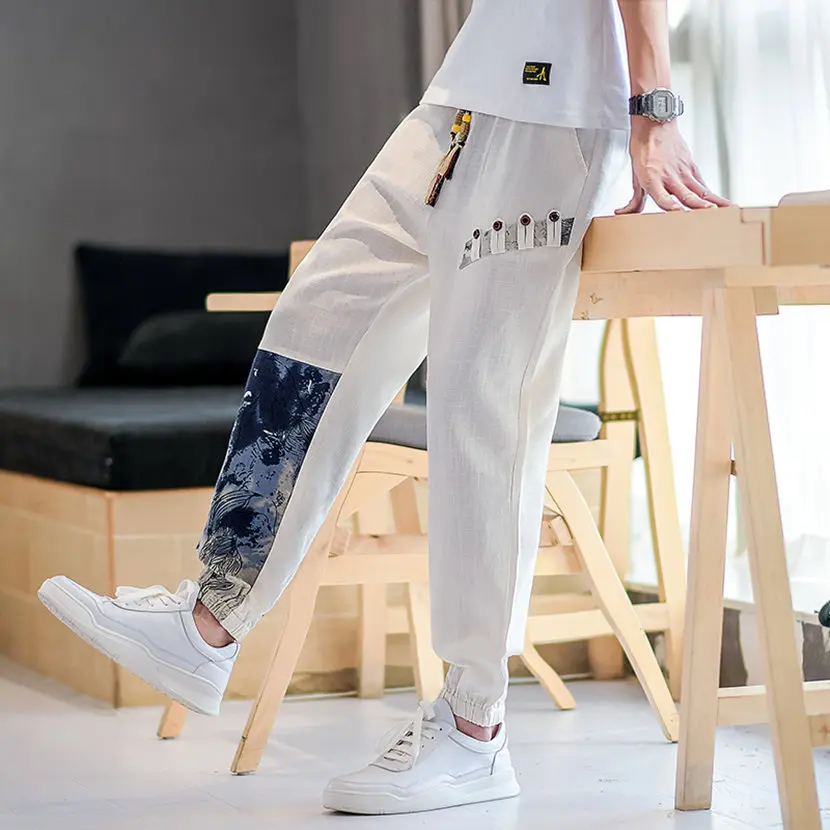 

Loose Cotton Linen Men's Summer Casual Pants Nine Points Sports Trousers Elastic Waisand Qui Dry Lightweight Long Trousers