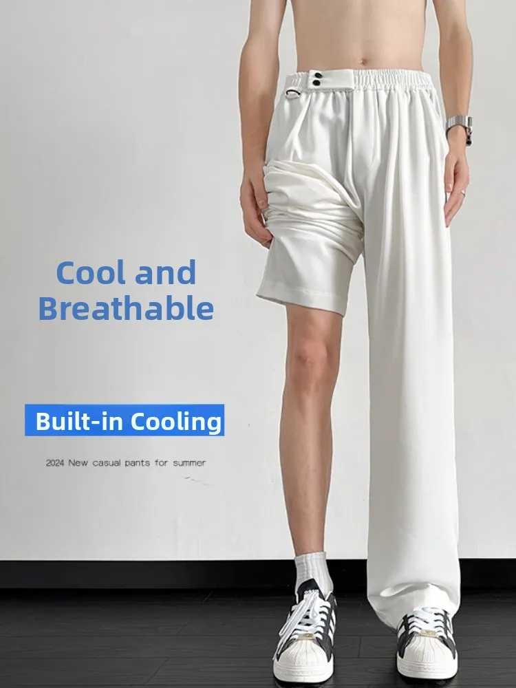 

White Ice Silk Men's Summer Thin Cool Feeling Straight Leg Pants Drapey Loose Wide Leg Long Trousers Micro Flared Suit Pants