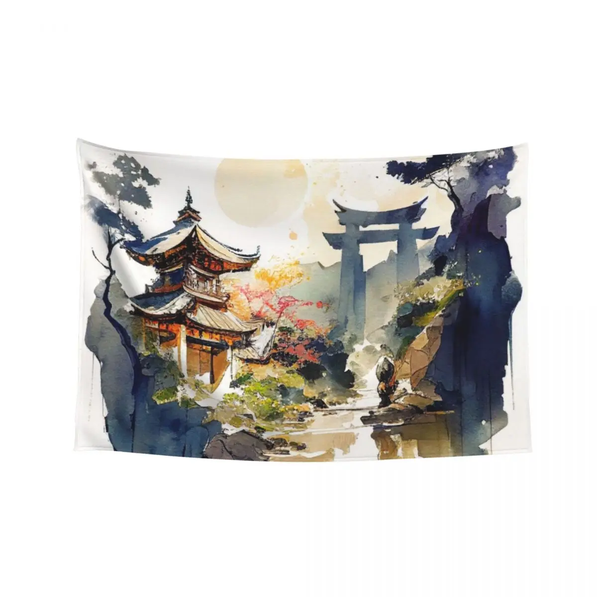 

Japan landscape of temple with mountains and river in loose expressive watercolor Tapestry Room Decorations Tapestry