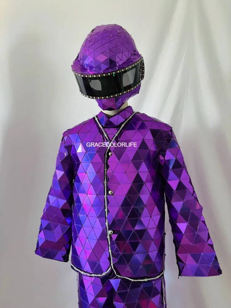 Costume da spettacolo per festival Design a specchio illuminato a LED Abito fatto a mano da uomo in più colori con maschera di Halloween Spettacolo teatrale