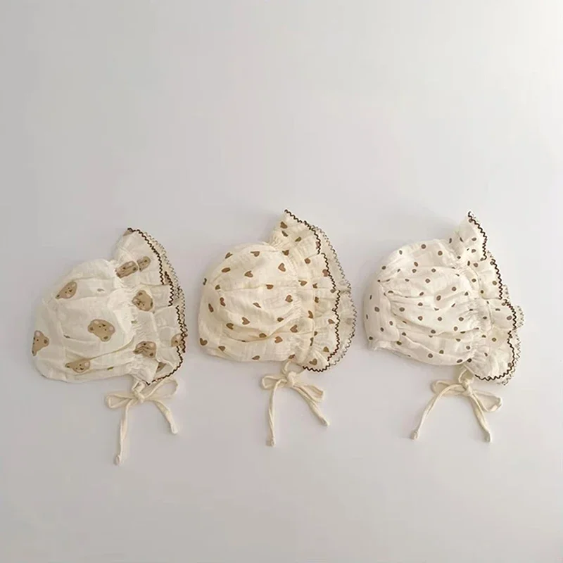 Ruffle Brim Newborn Sunshade Cap Summer Thin Cotton Print Palace Hat 1-3Year Kids Headwear Bonnet Princess Baby Lace-up Beanies