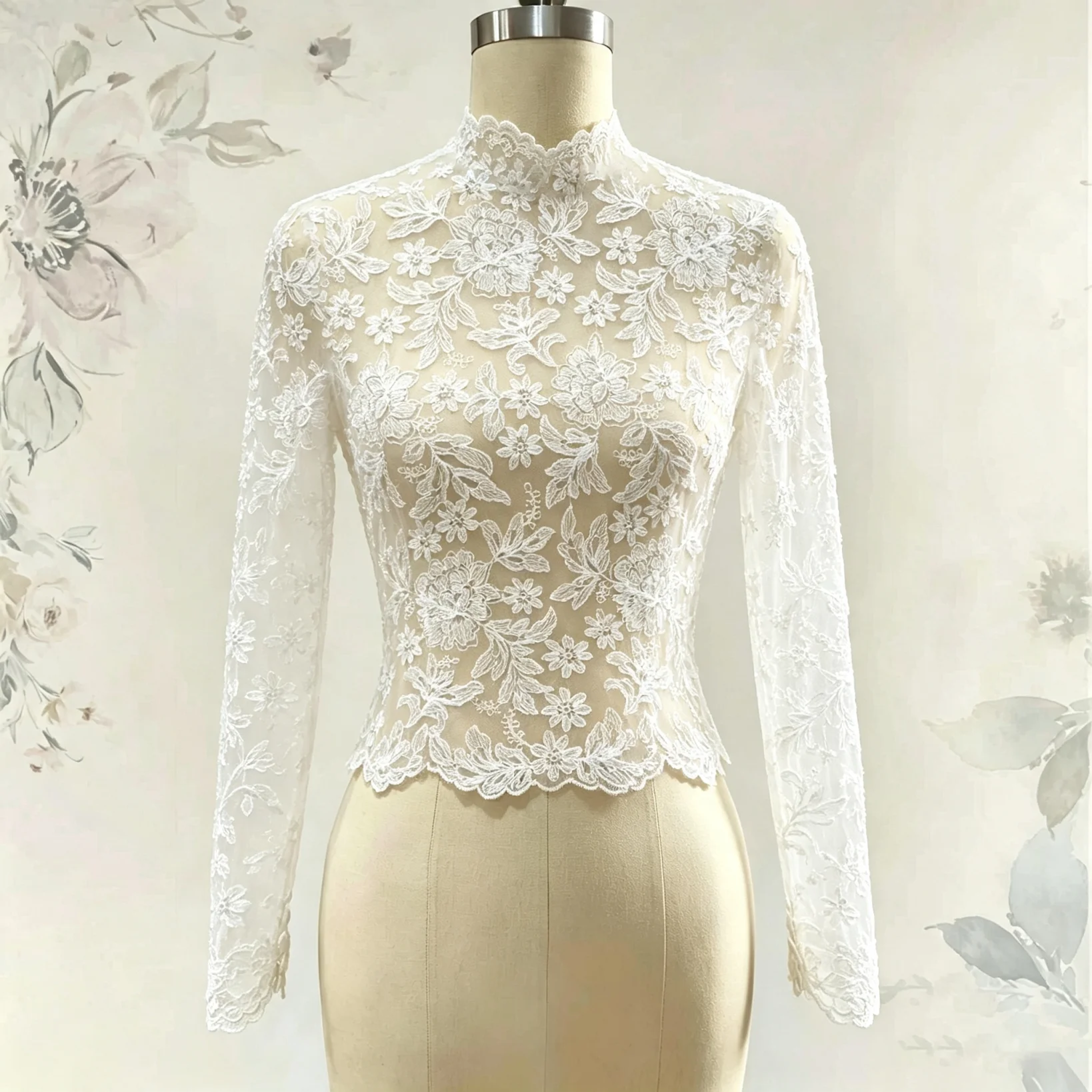 luxury-scalloped-lace-bridal-overpiece-floral-high-neck-long-sleeve-fasten-back-coverup-for-rustic-nuptial-reception-customized