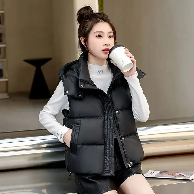 

Hooded Vest for Women Quilted Solid Color Waistcoat Woman Elegant Korean Style New Outerwear Lightweight Padded Autumn Youthful