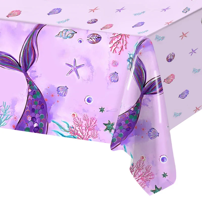 VIKAMA Cute Mermaid Shell Tablecloth Purple Waterproof Table Cover Girls Birthday Party Dining Table Decor